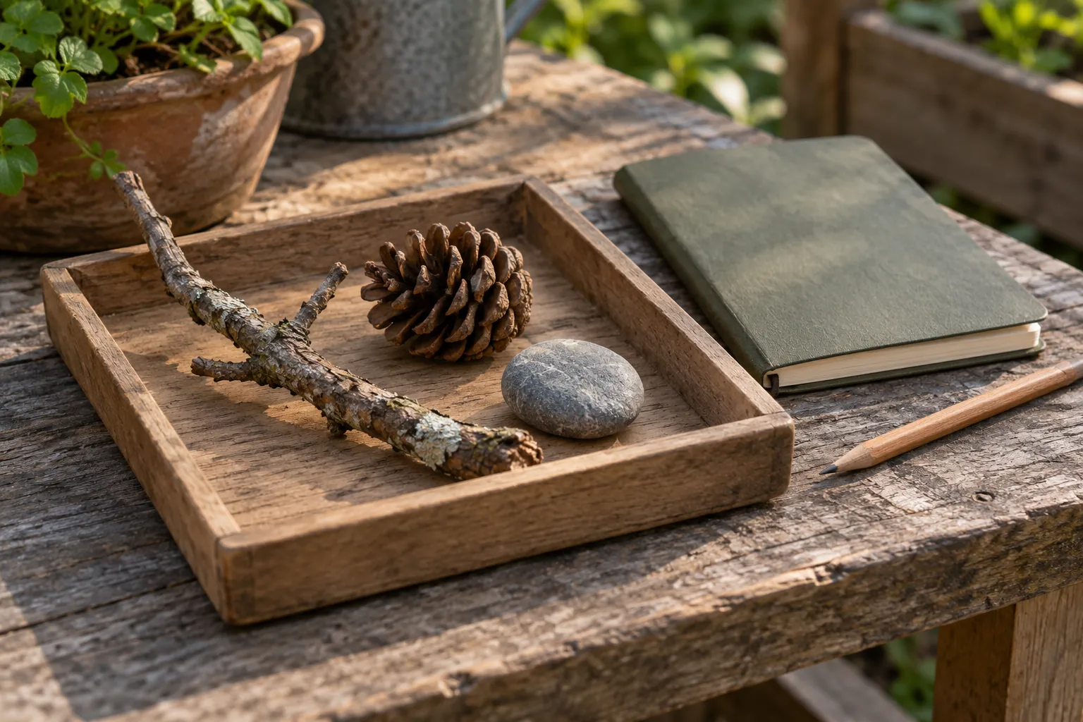 Illustration: A twig, pine cone and pebble in an observation tray beside a notebook.