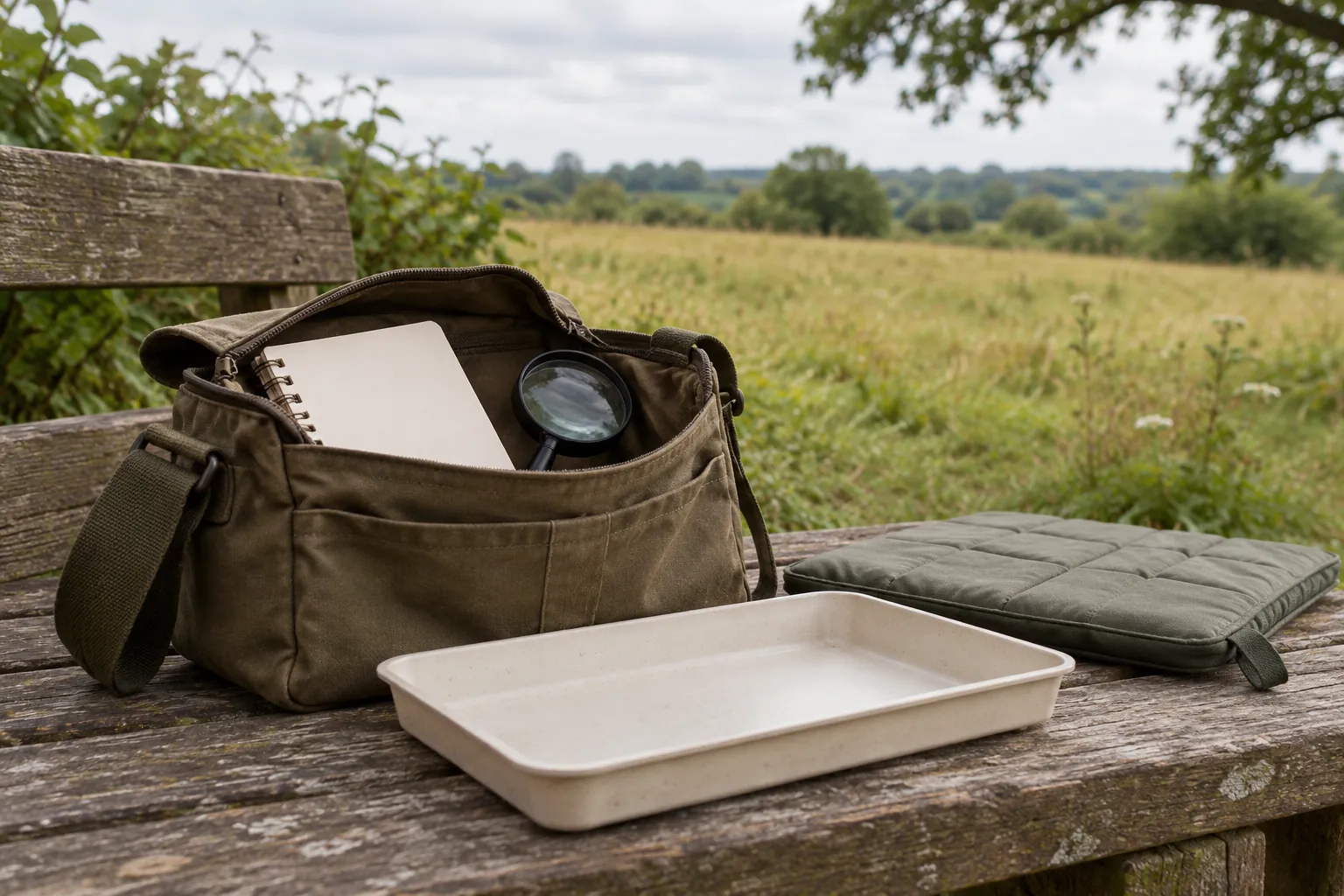 Illustration: A field bag with a notebook, magnifier and observation tray on a sheltered bench.