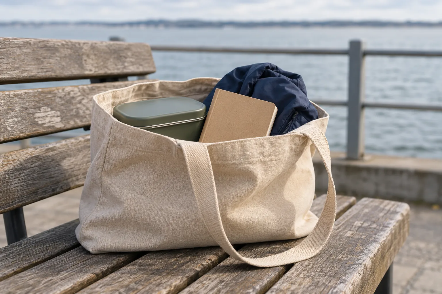 Illustration: A canvas tote with a lunch tin, notebook and jacket on a waterfront bench.