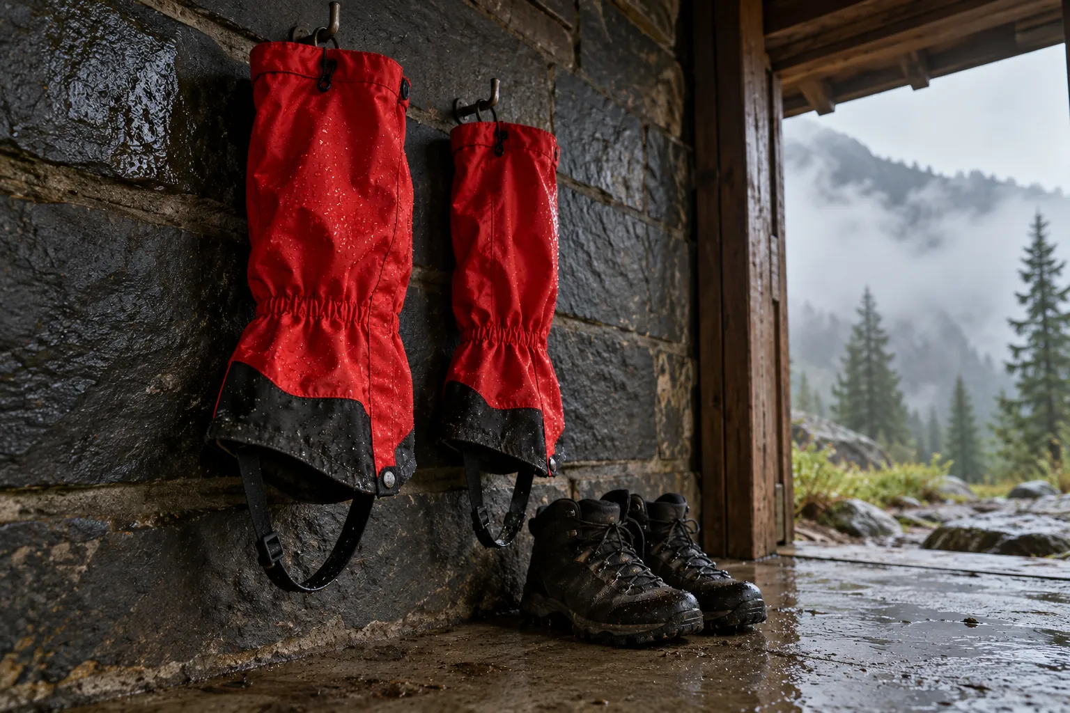 Illustration: Red gaiters drying above hiking boots in a misty trail shelter.