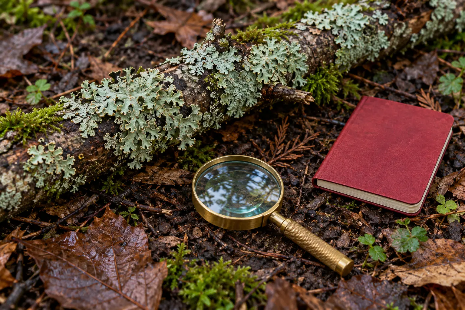 Illustration: A hand lens and red notebook beside a lichen-covered fallen branch.