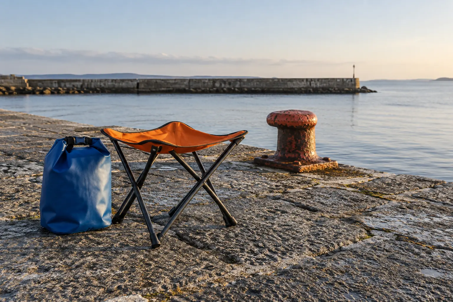 Illustration: An orange field stool and blue dry bag on an empty harbor walkway.