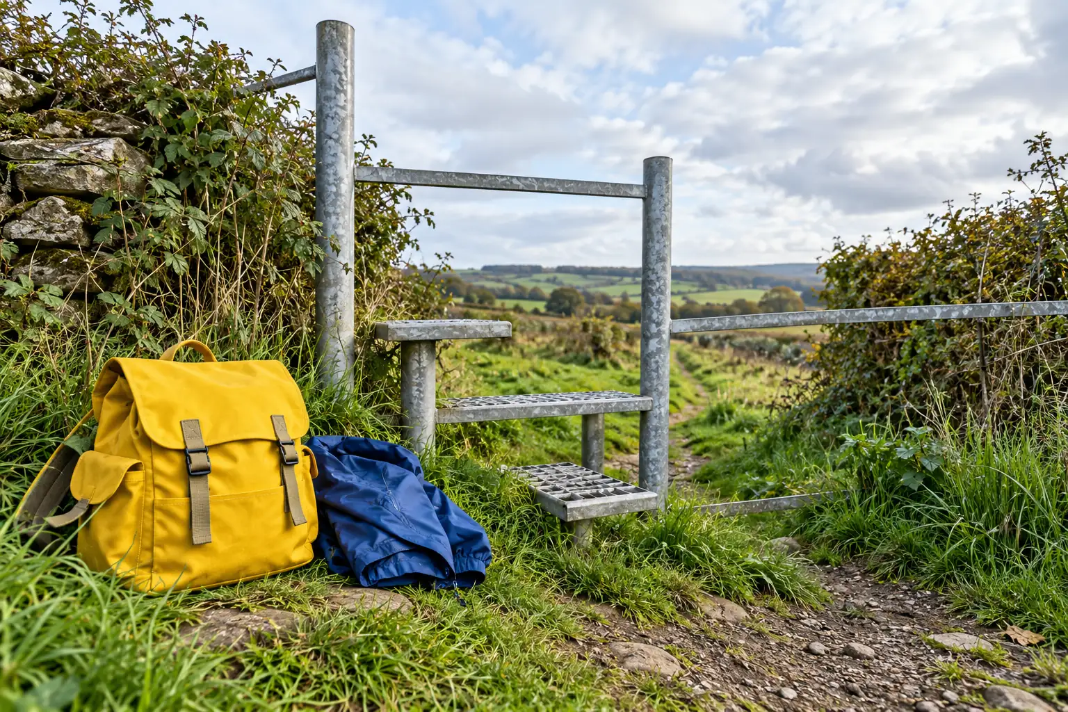 Illustration: A yellow field bag and rain shell beside a stile on an empty walking path.