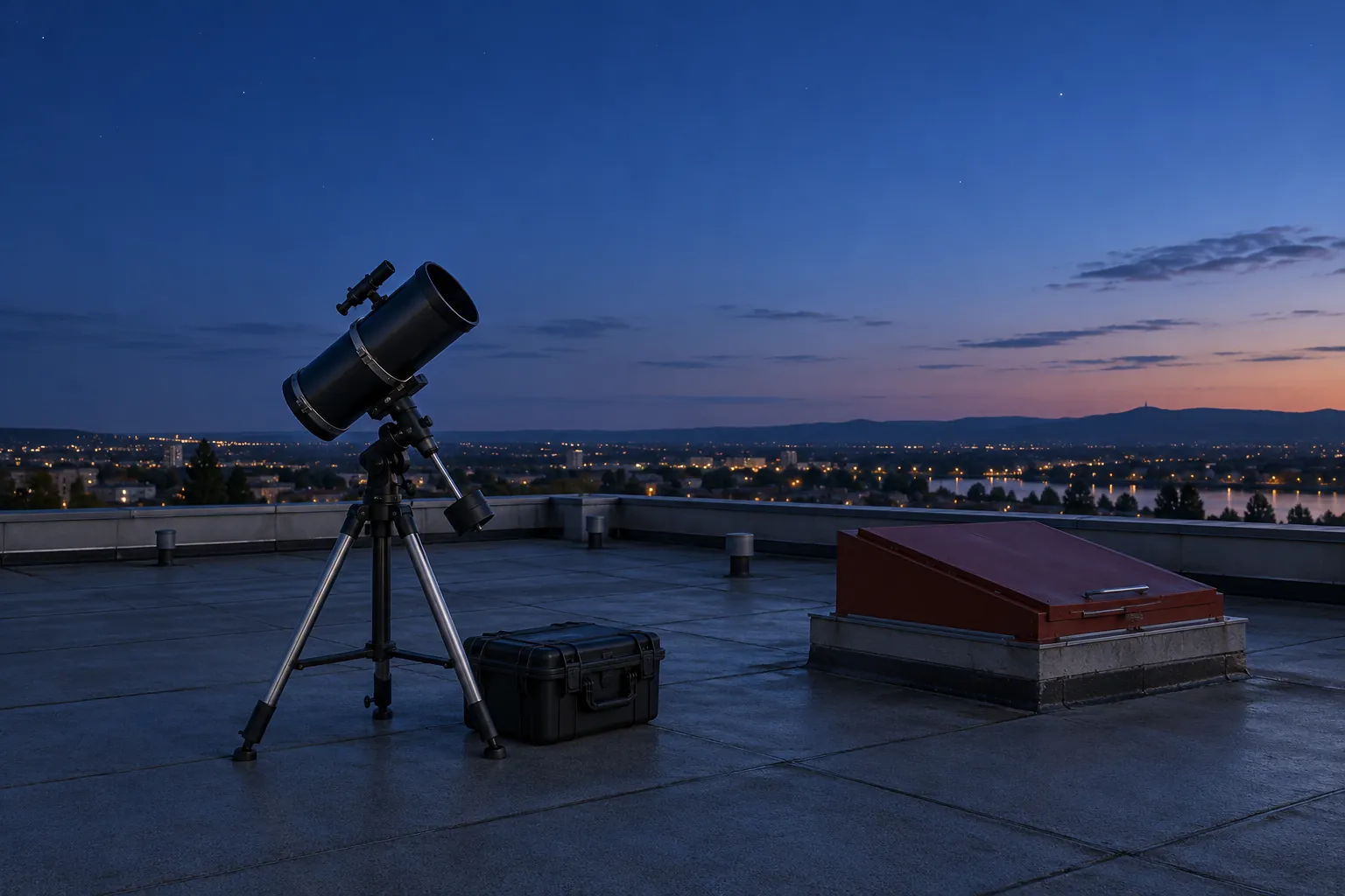 Illustration: A small telescope and equipment case on an empty roof at blue hour.