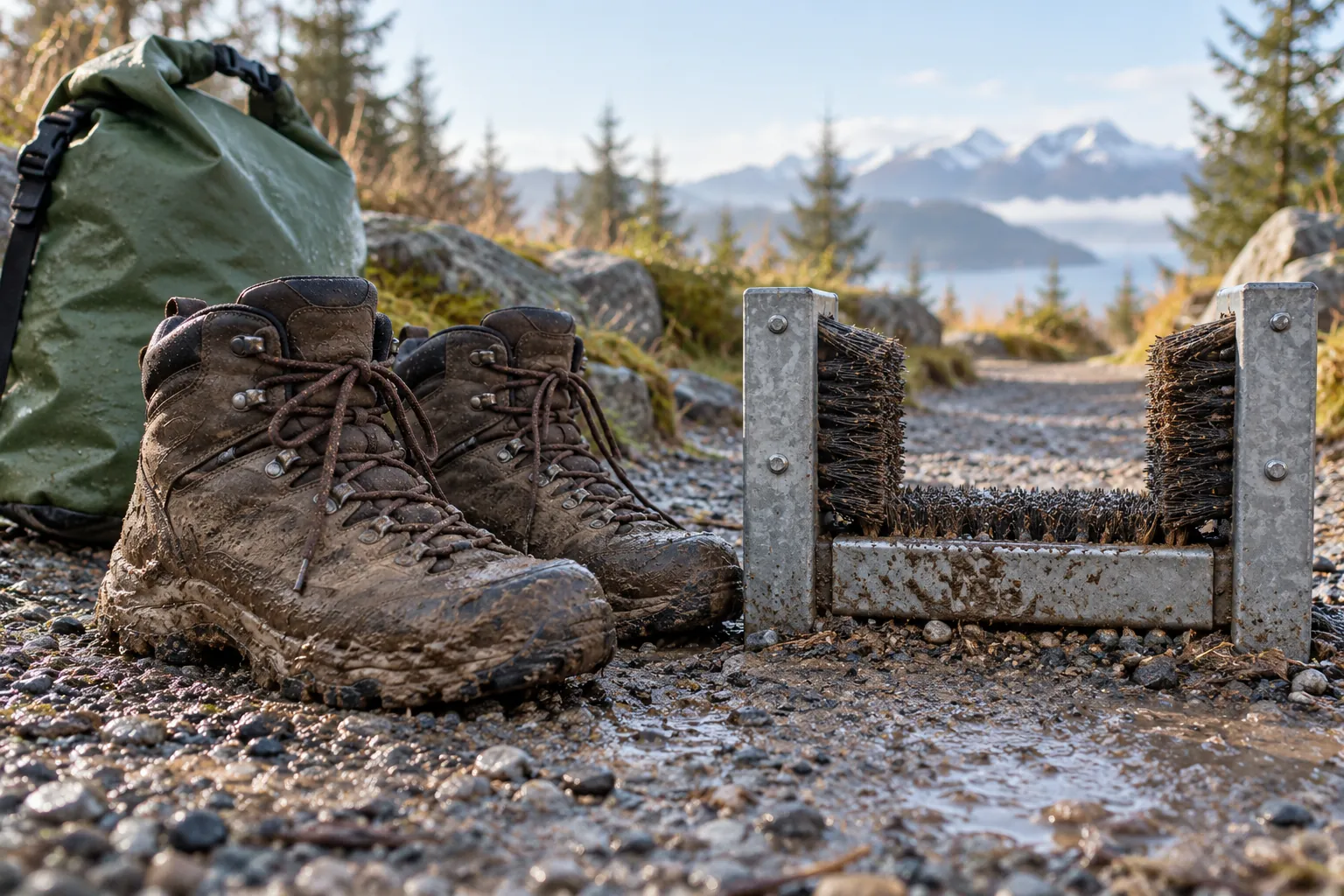 Illustration: Hiking boots and a dry bag beside a trail boot brush.