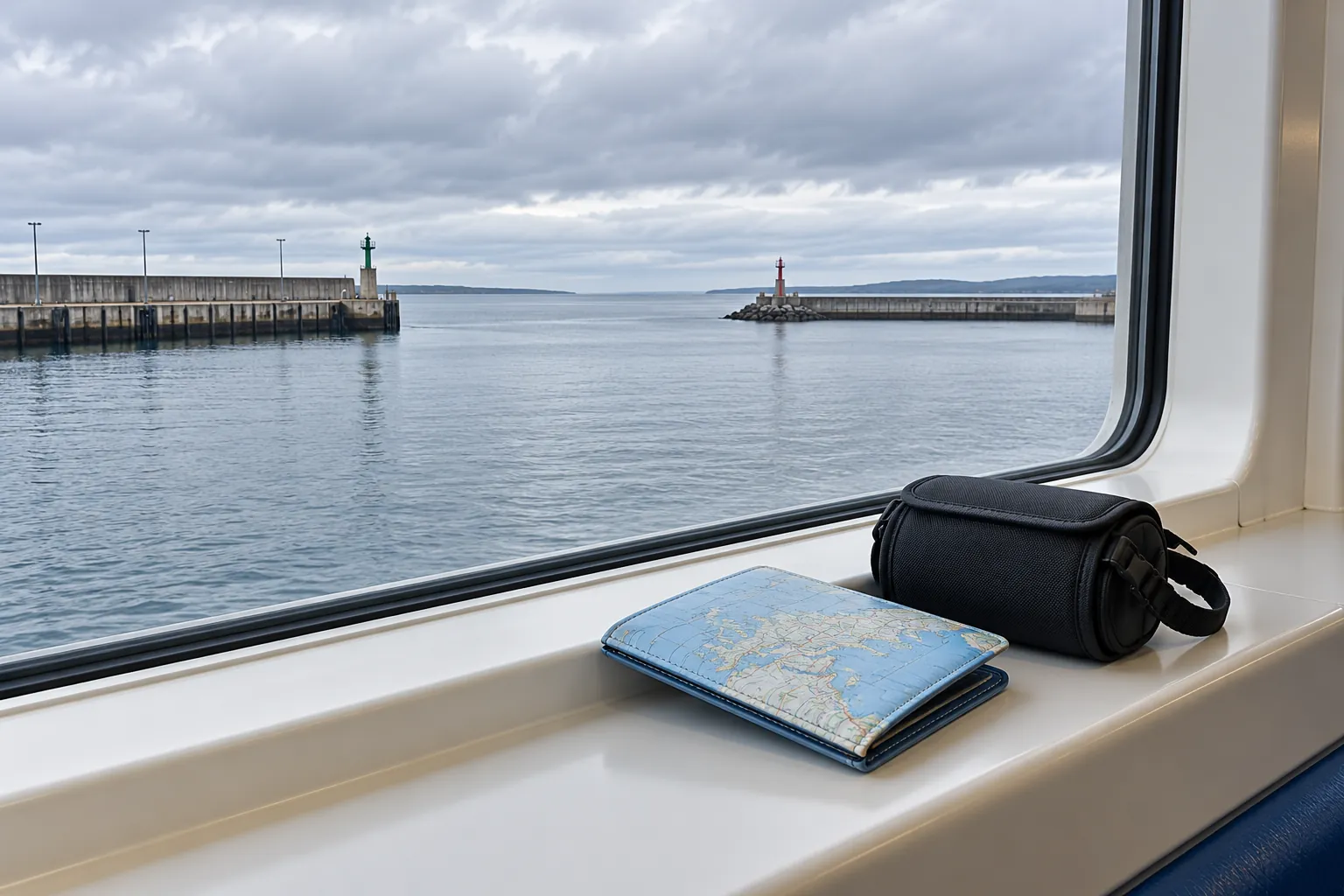Illustration: A route-map wallet and binocular case overlooking an empty harbor.