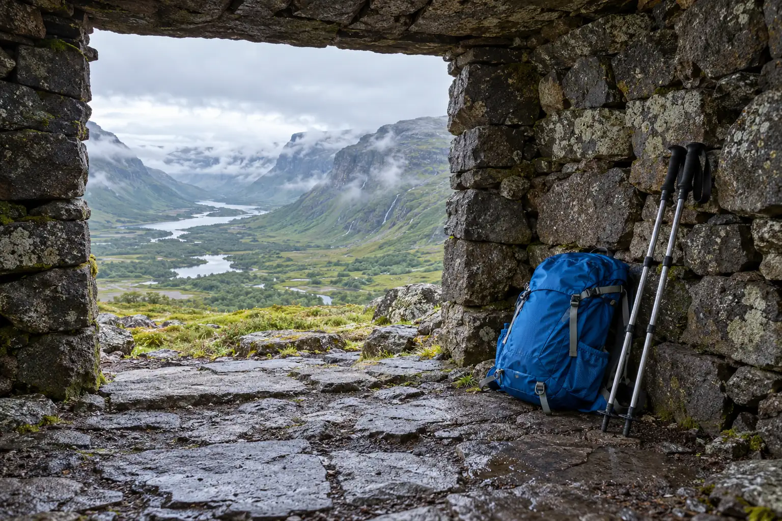 Illustration: Walking poles and a blue daypack inside a basalt trail shelter.
