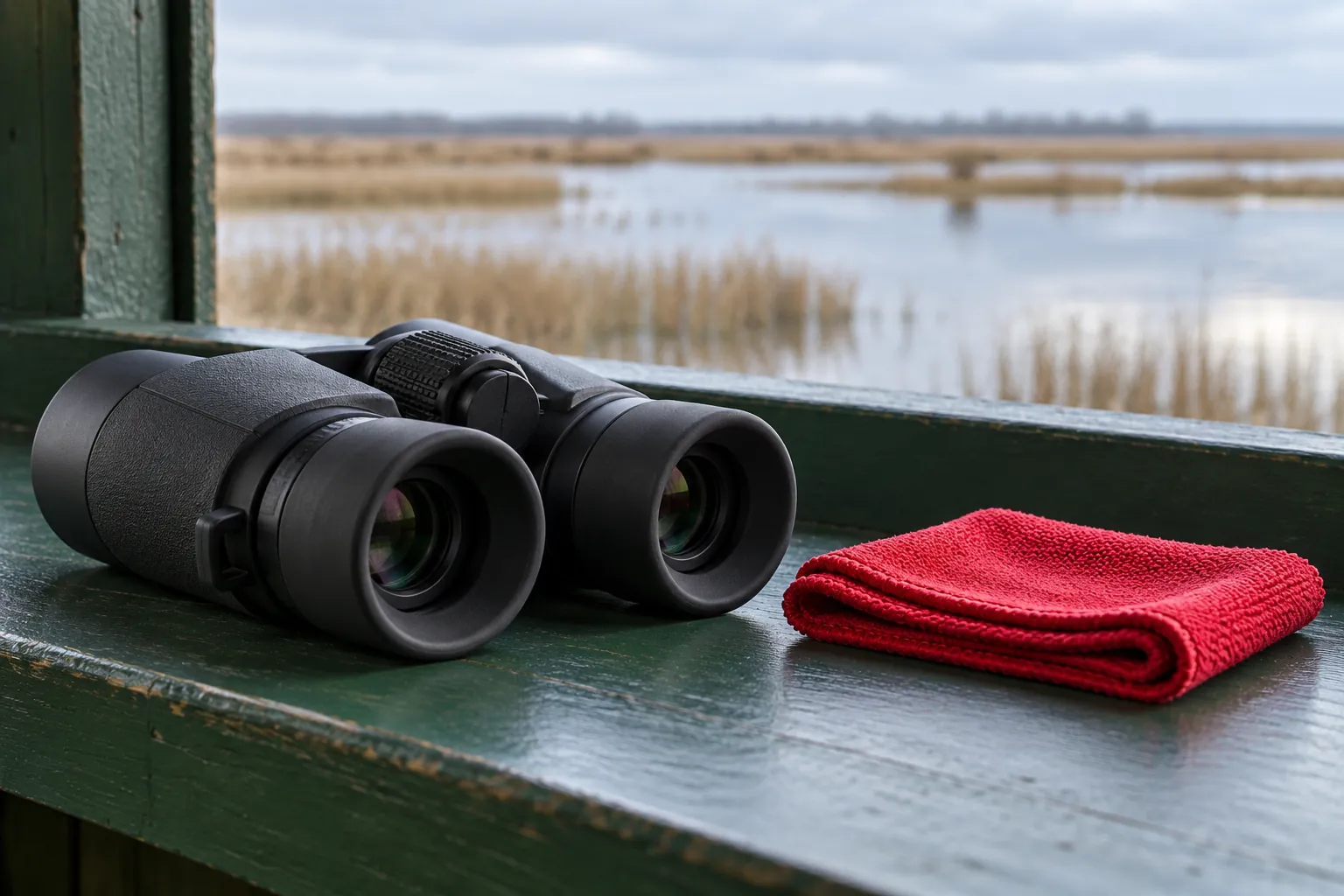 Illustration: Binocular eyecups and a red lens cloth on a green bird-hide ledge.