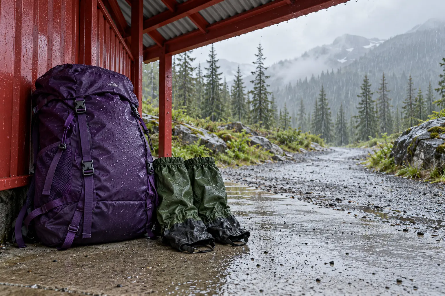 Illustration: A purple hiking pack and gaiters sheltered beside a rainy trail.