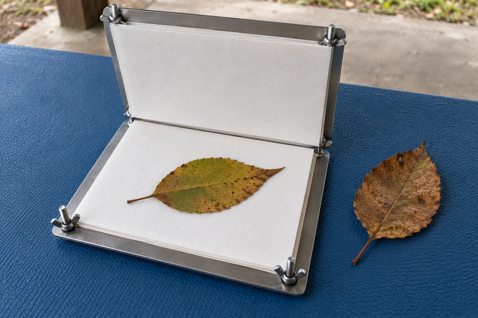 Illustration: A fallen leaf prepared in a small field press on a blue mat.