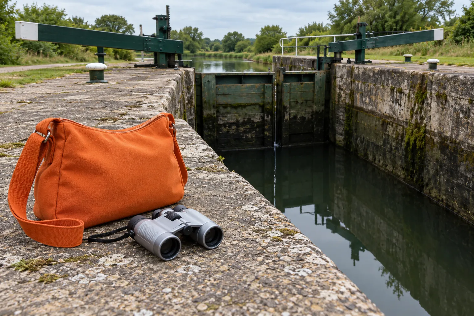 Illustration: An exploration bag and binoculars beside an empty canal lock.