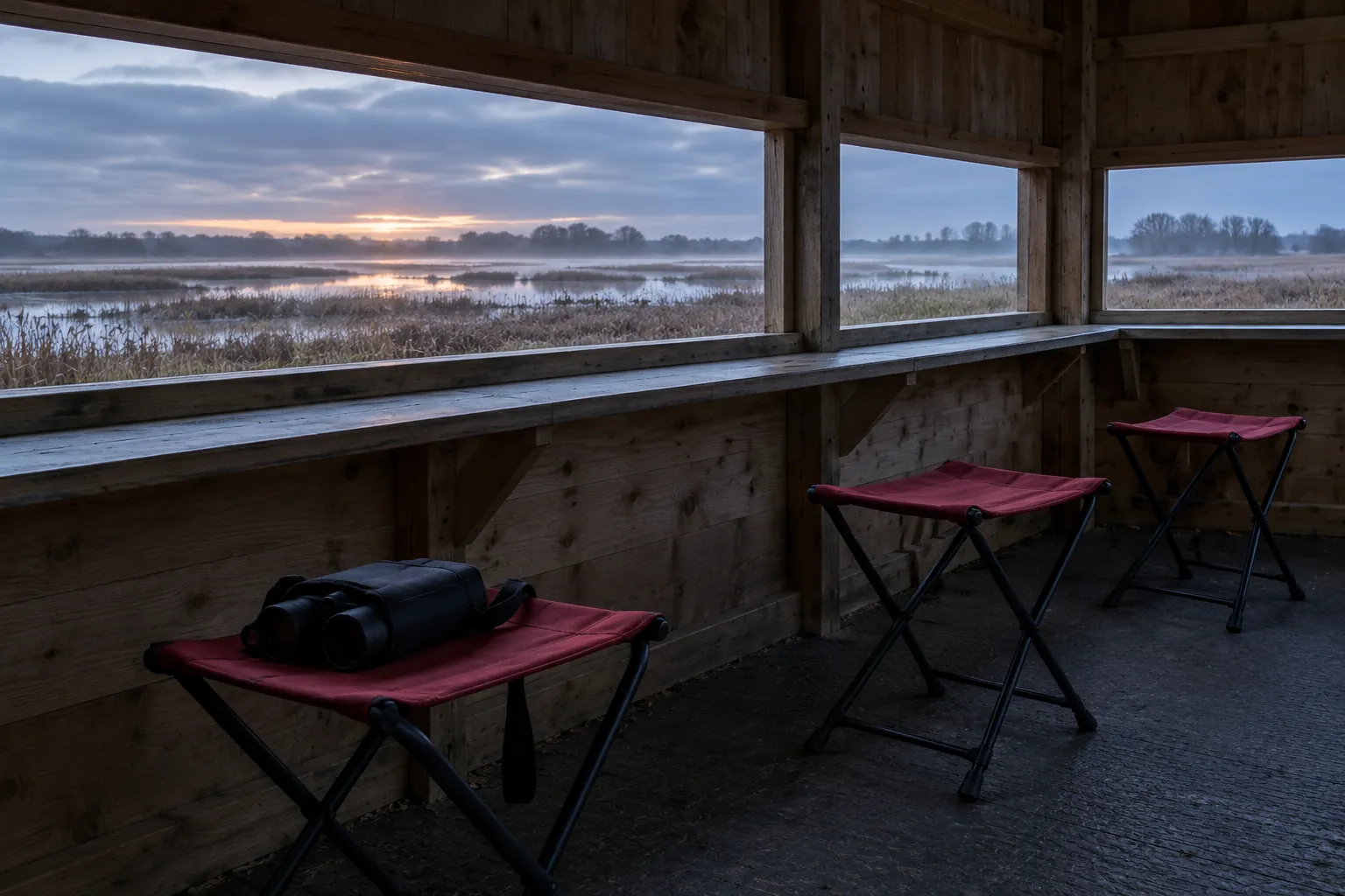 Illustration: Red folding stools and a binocular case inside an empty bird hide.