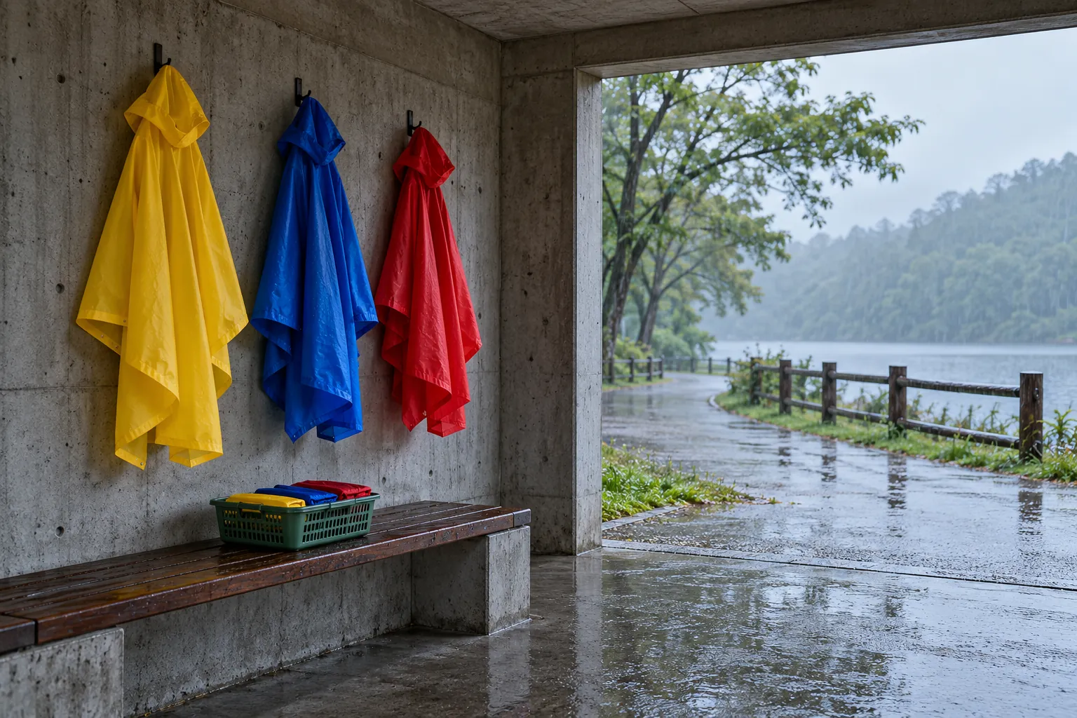 Illustration: Colorful spare ponchos hanging inside a rainy park shelter.