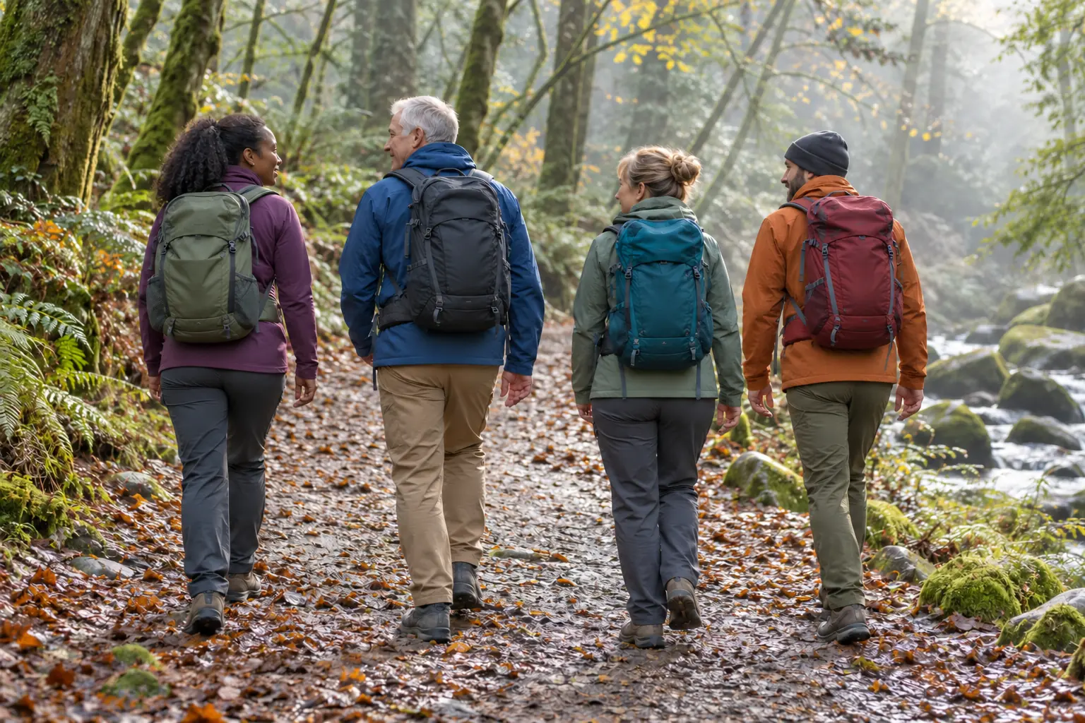 Illustration: A small hiking group starts along a woodland trail.