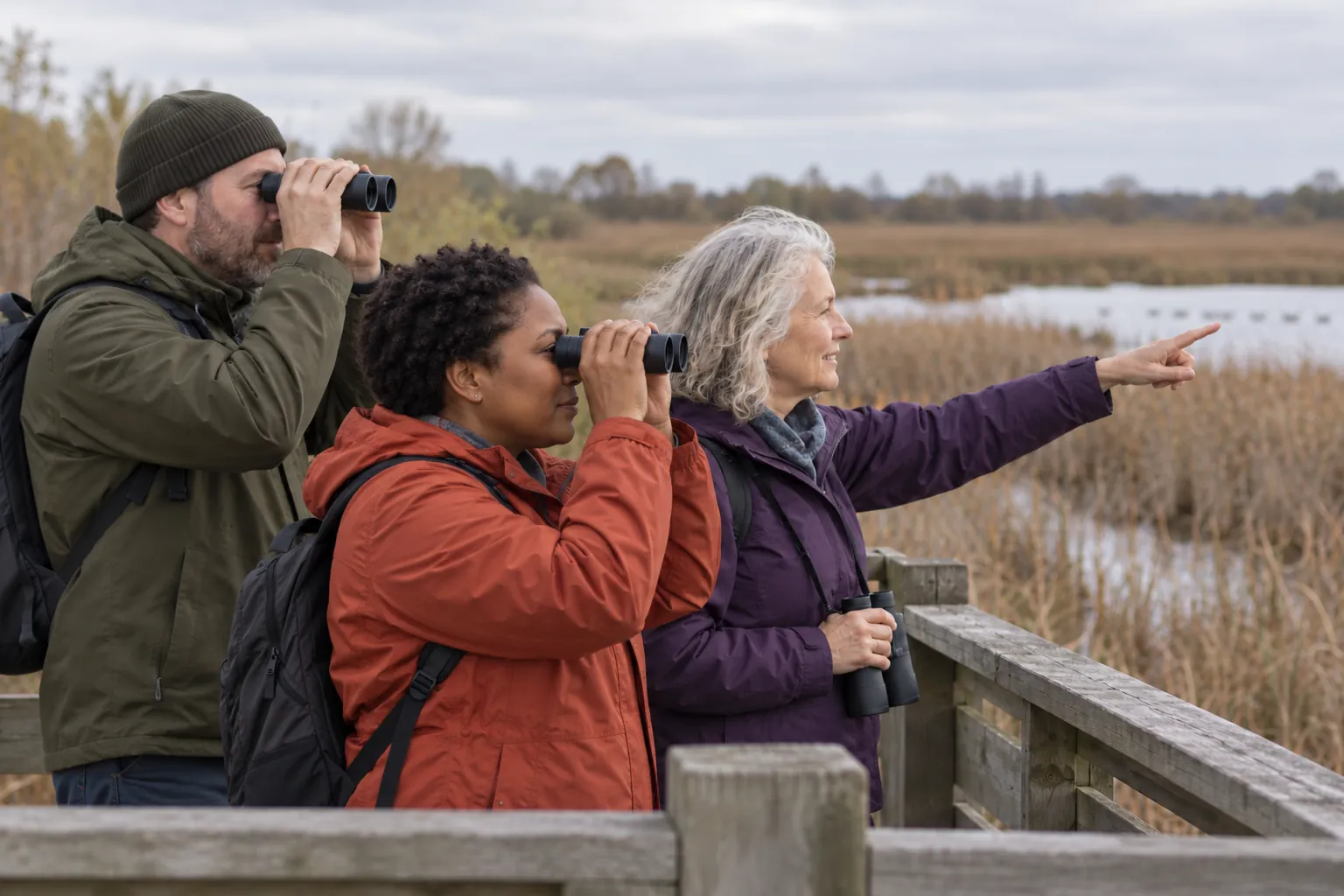 Illustration: Birdwatchers observe a reed bed from a viewing platform.