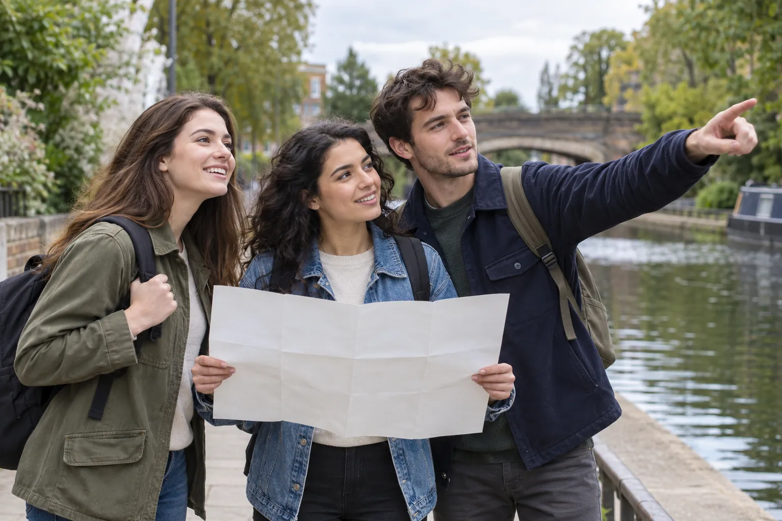 Illustration: Three young adults pause beside a canal to discuss a blank route map.