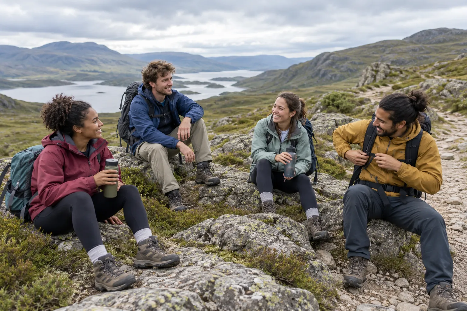 Illustration: A group of young adult hikers takes a short rest beside an upland trail.