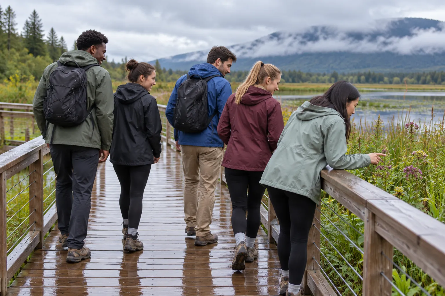 Illustration: Young adults explore a wetland boardwalk and look at plants along the path.