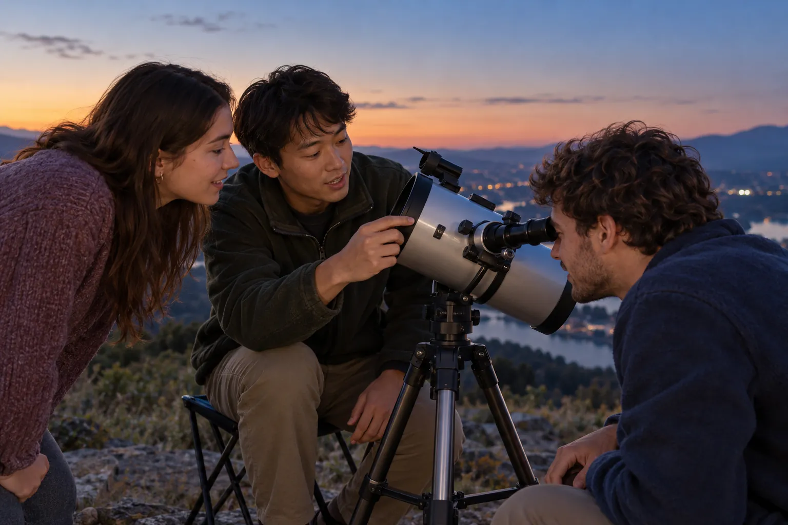 Illustration: Young adults learn to use a telescope at dusk.
