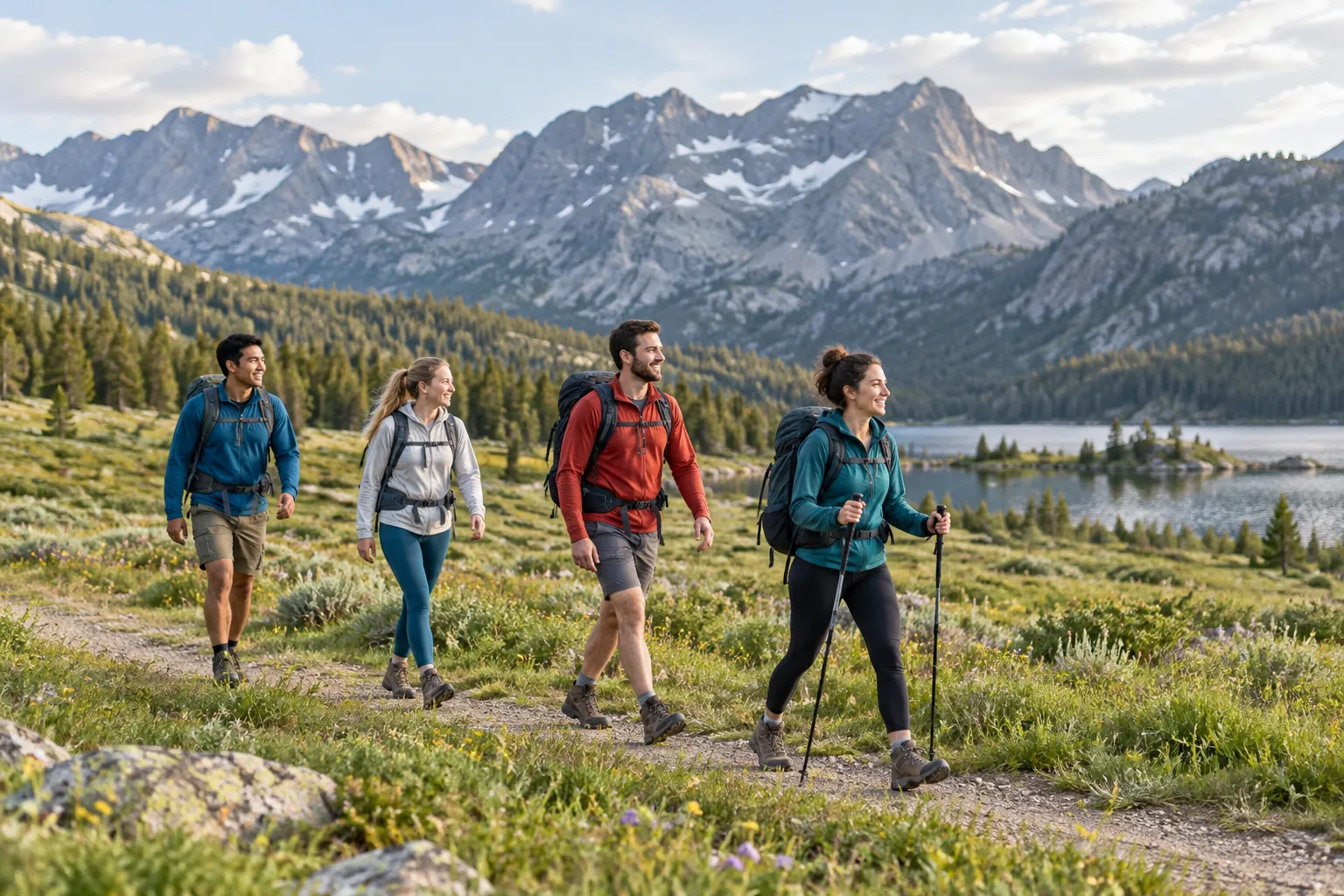 Illustration: Young adults hike together across an open mountain meadow.