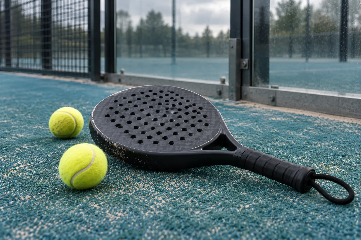 Illustration: A perforated padel racket and felt balls beside a glass court wall.