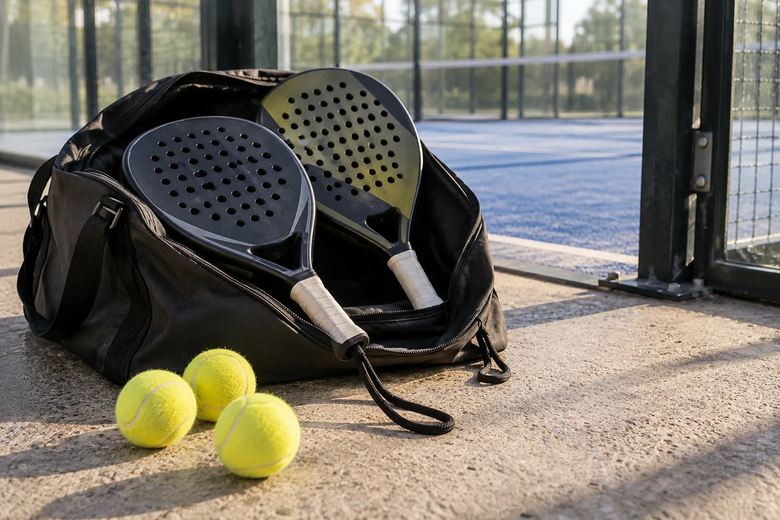 Illustration: Two perforated padel rackets and balls in an open court bag.