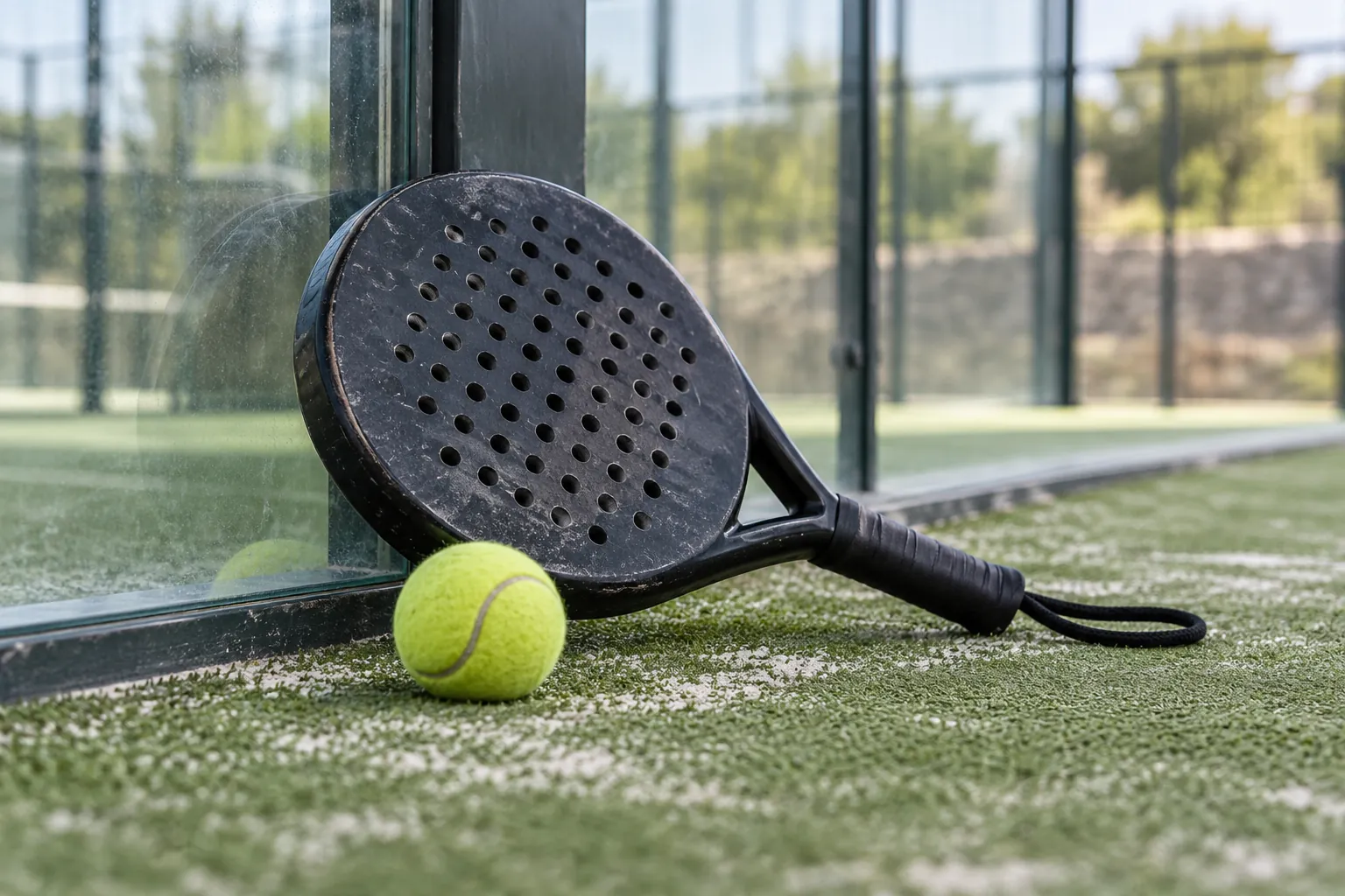 Illustration: A padel racket and ball beside a glass-wall seam.