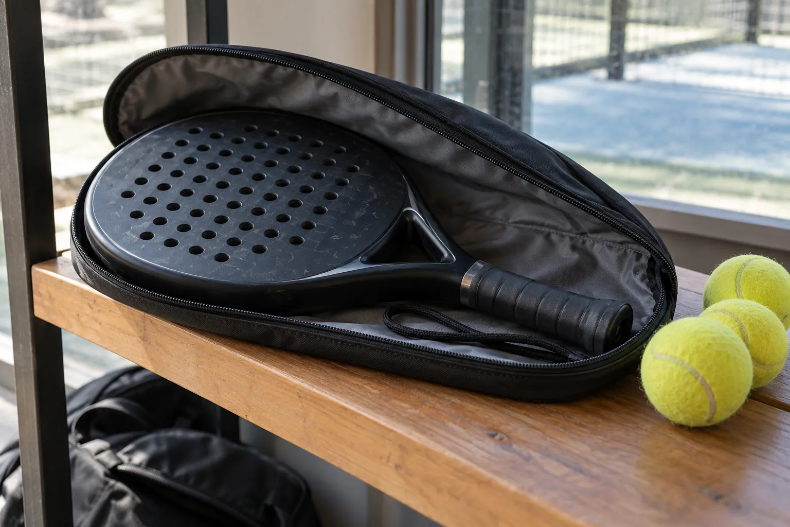 Illustration: A perforated padel racket inside an open sleeve.