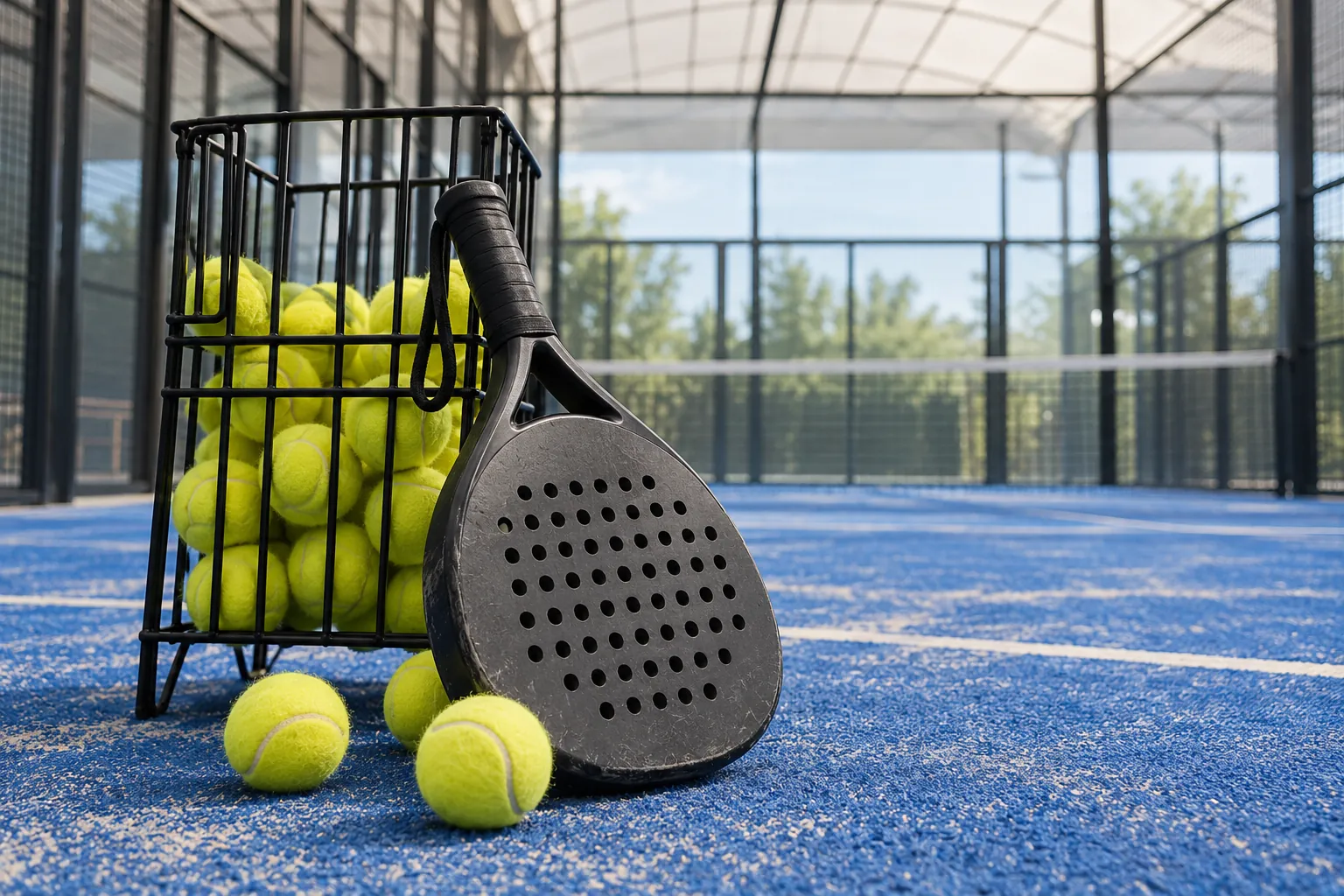 Illustration: A padel racket and felt balls beside an equipment basket.