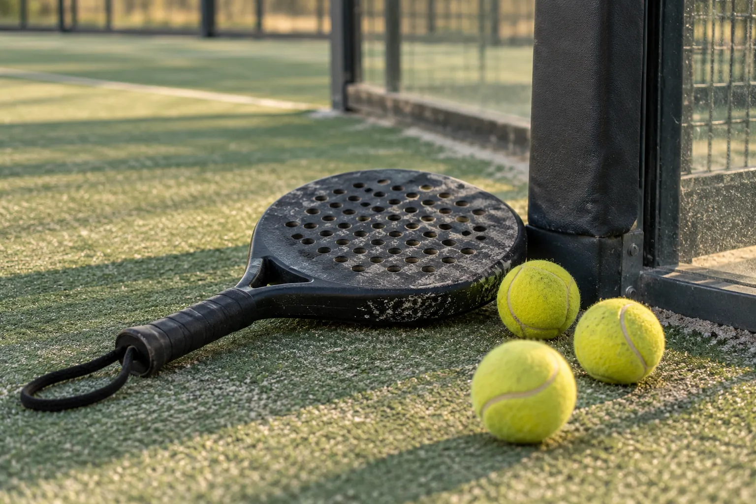 Padel balls and a perforated racket beside an enclosure post.