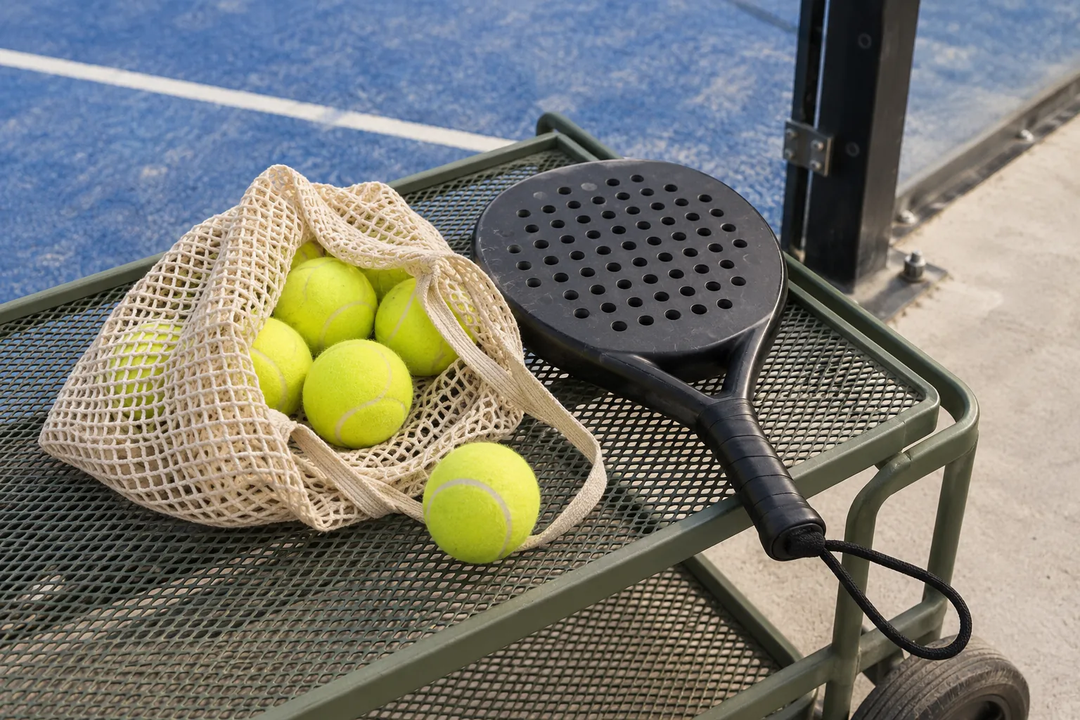 Illustration: A mesh ball bag and padel racket on a storage trolley.