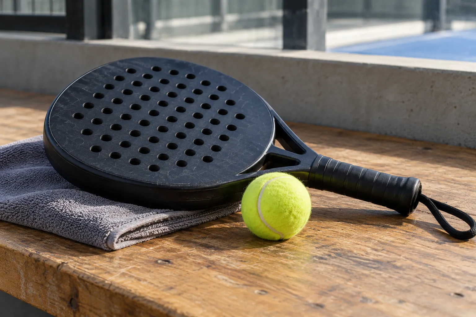 Illustration: The thick rim and perforated face of a padel racket.