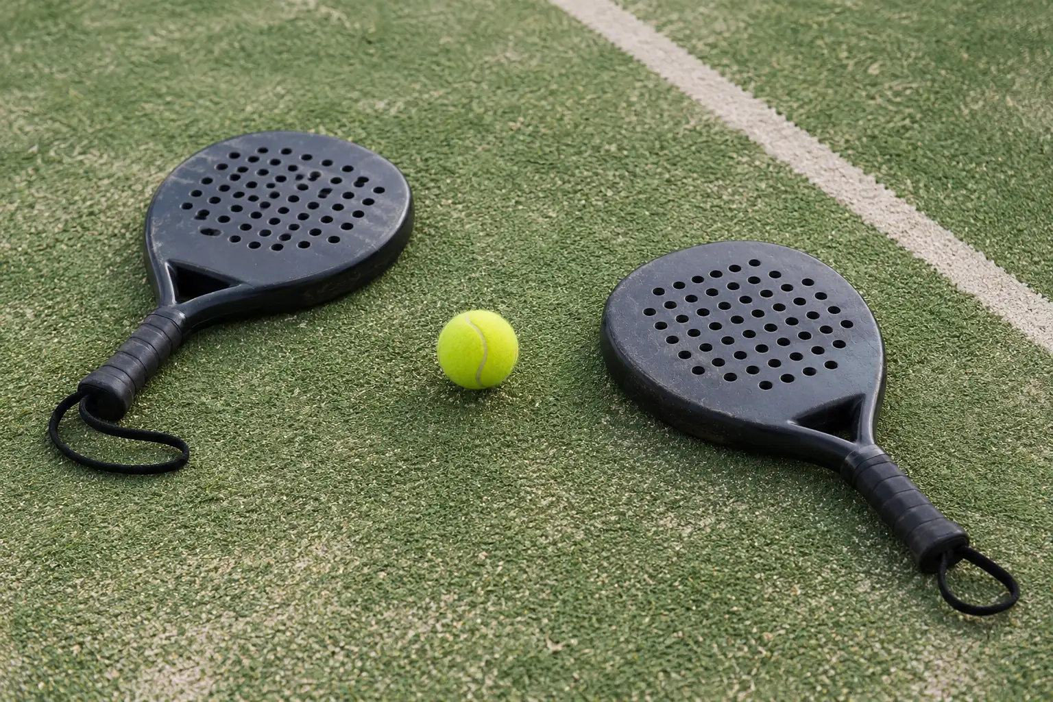 Illustration: Two padel rackets and a ball on artificial turf.