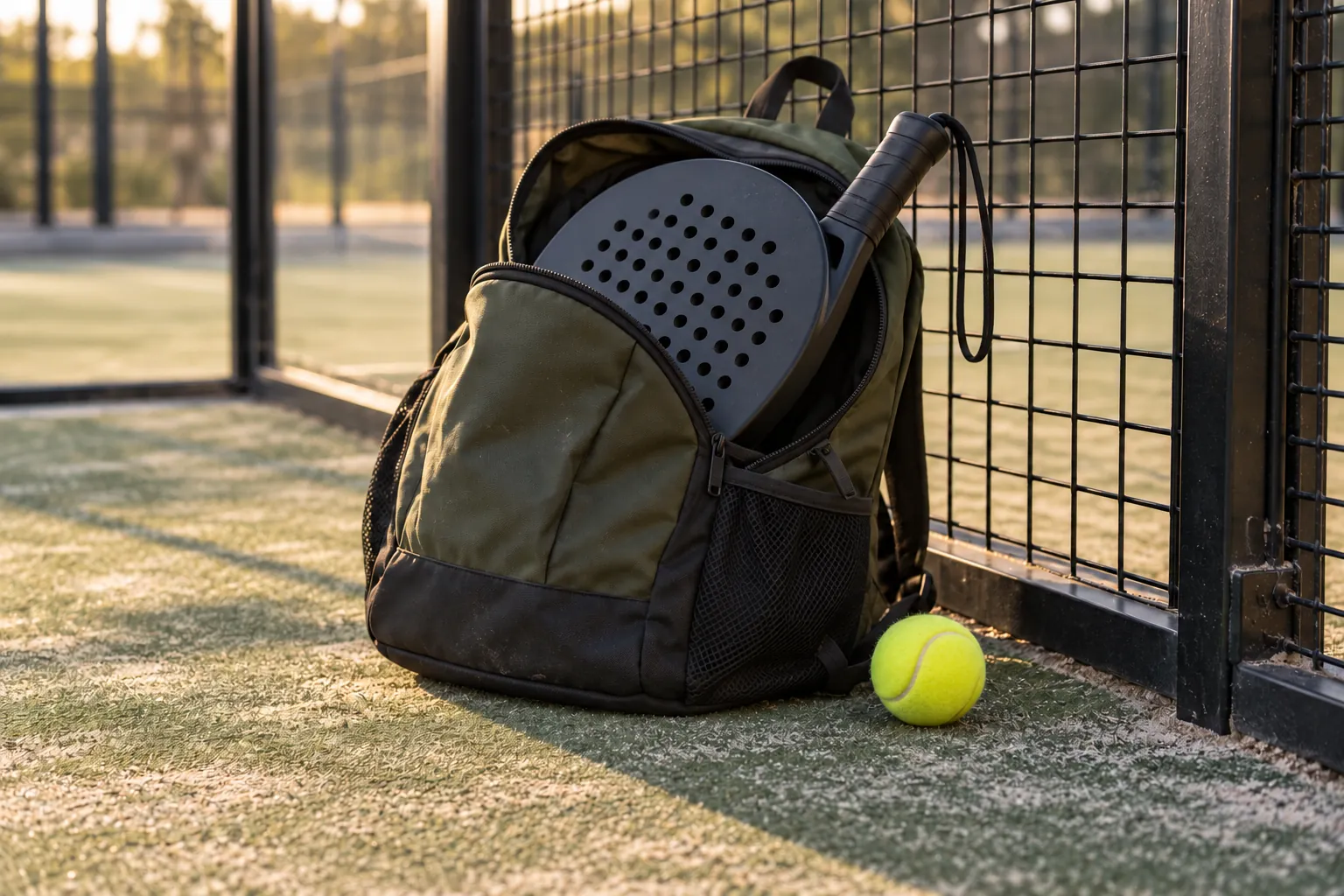 Illustration: A padel racket emerging from a backpack beside a ball.