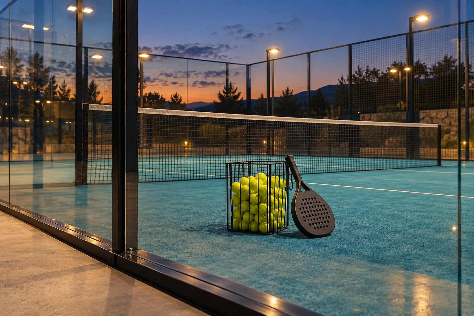 Illustration: A padel ball basket seen through the court's glass corner.
