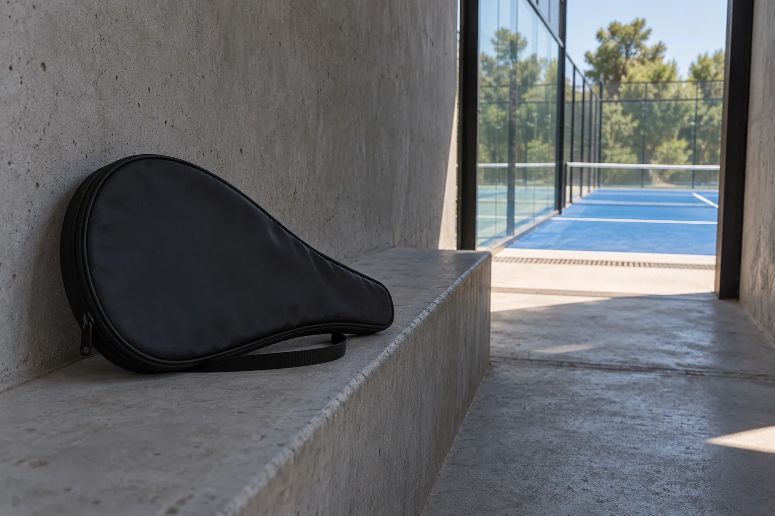 Illustration: A padel racket case beside a passage leading to the court.