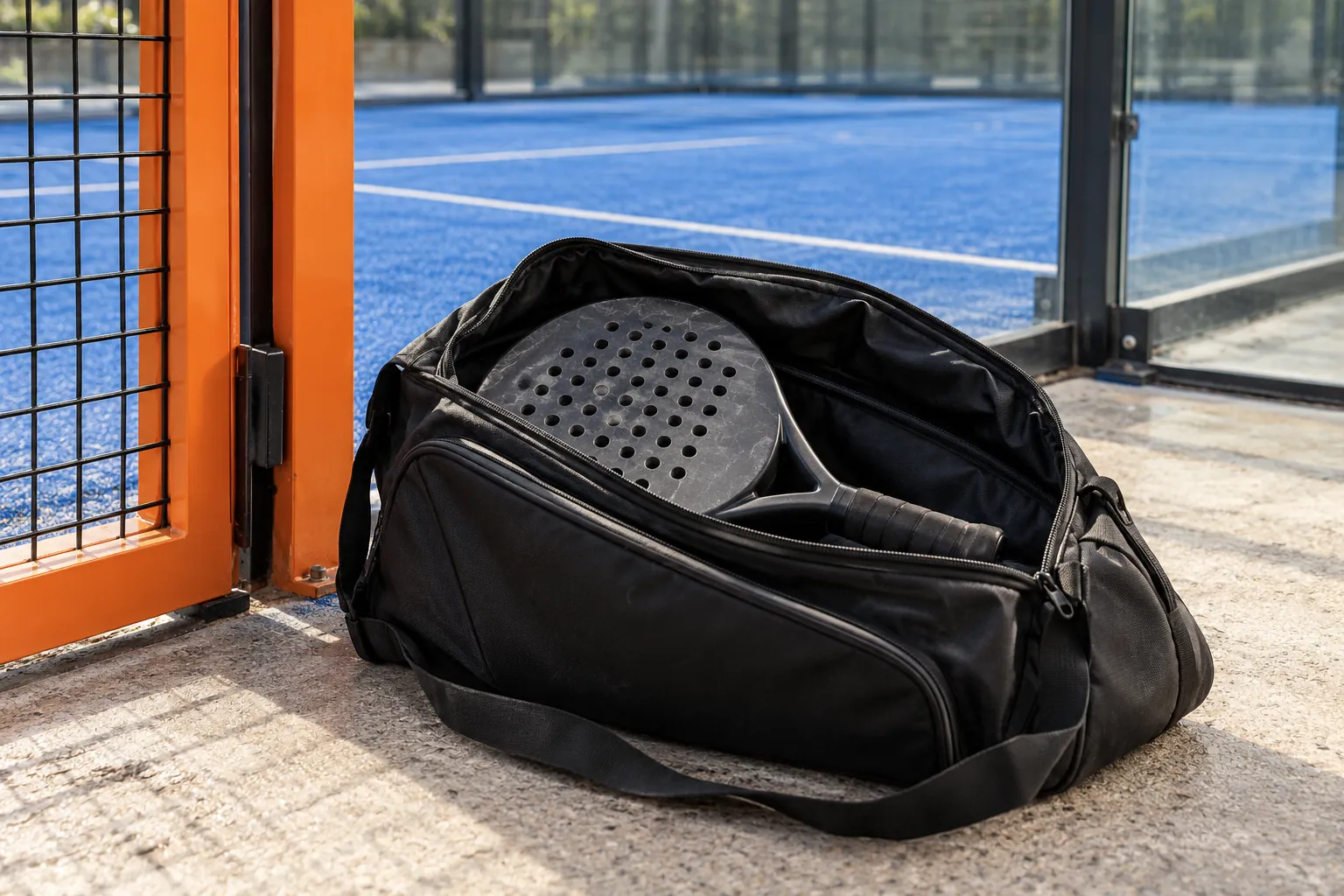 Illustration: An open black padel bag holding a compact perforated solid-face racket sits beside an orange gate to a glass-walled blue padel court, shown close and low.