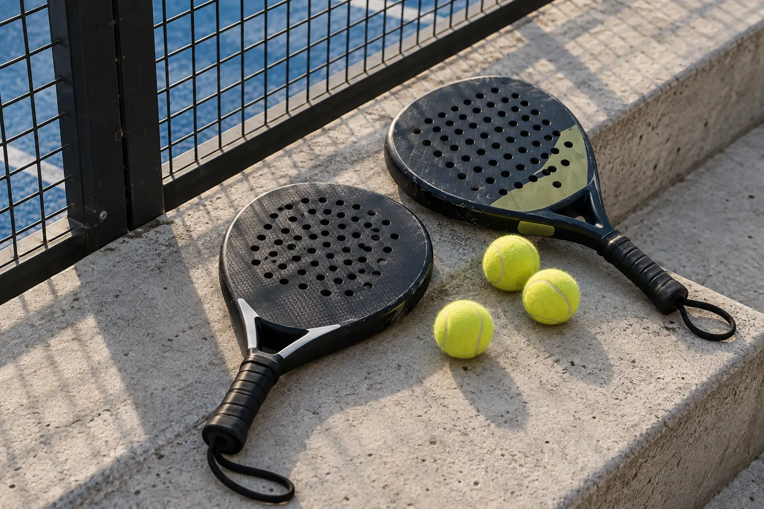 Illustration: Two short-handle perforated solid-face padel rackets and yellow felt balls rest on a concrete bleacher beside dark steel enclosure mesh, seen from above.