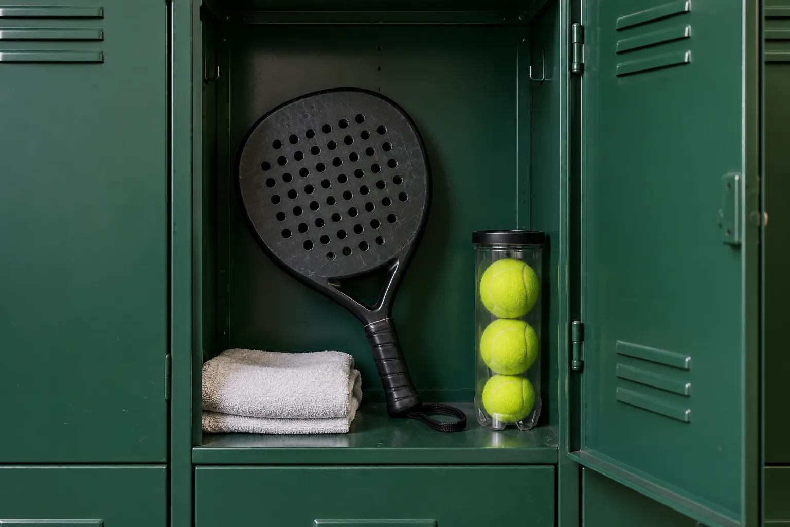 Illustration: An open unnumbered green metal locker holds a short-handle solid perforated padel racket, a plain towel and a plain ball tube, shown frontally.
