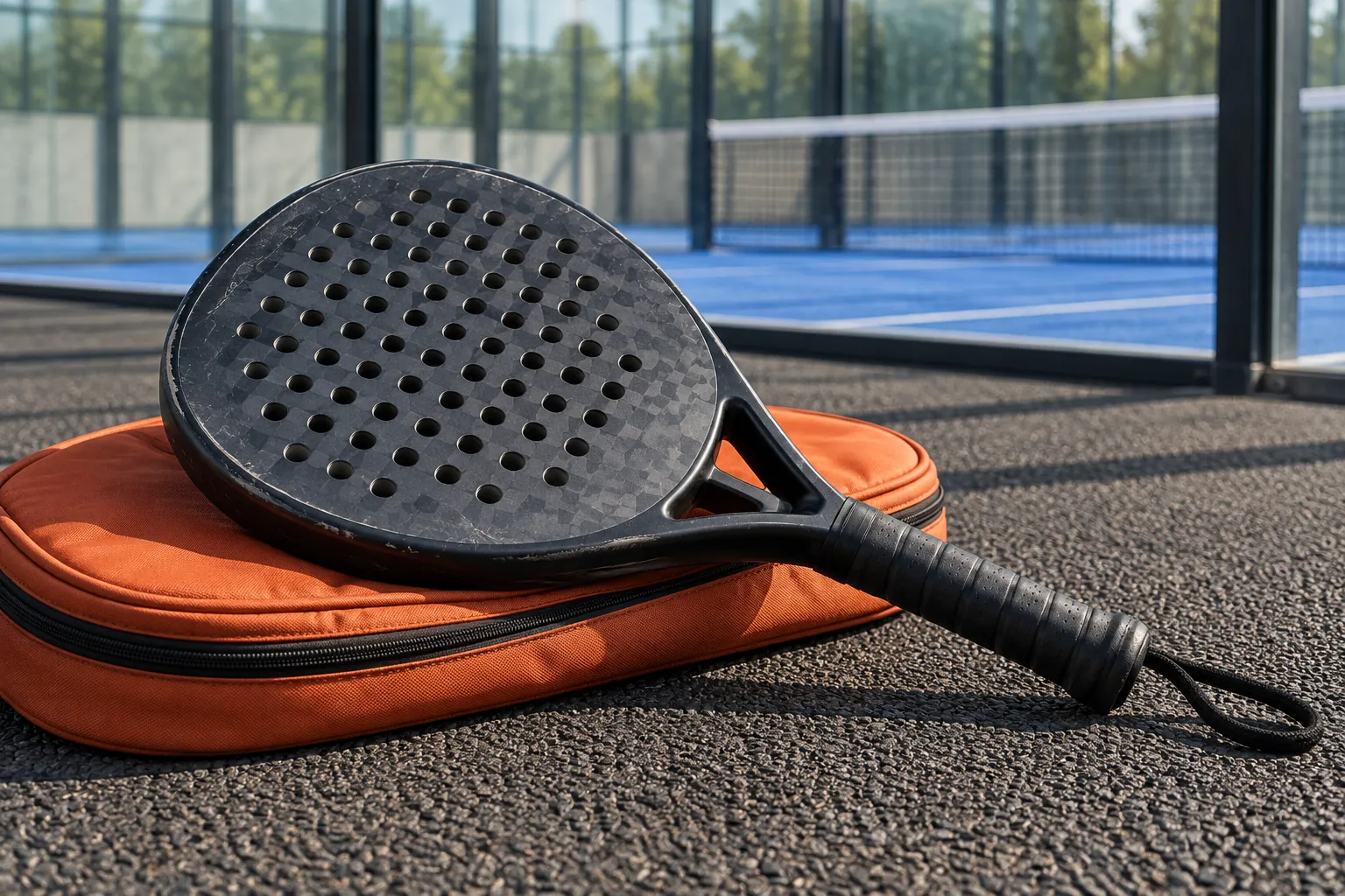 Illustration: A compact perforated solid-face padel racket rests across an orange padded case on dry rubber entry flooring, with a glass padel court soft in the background.