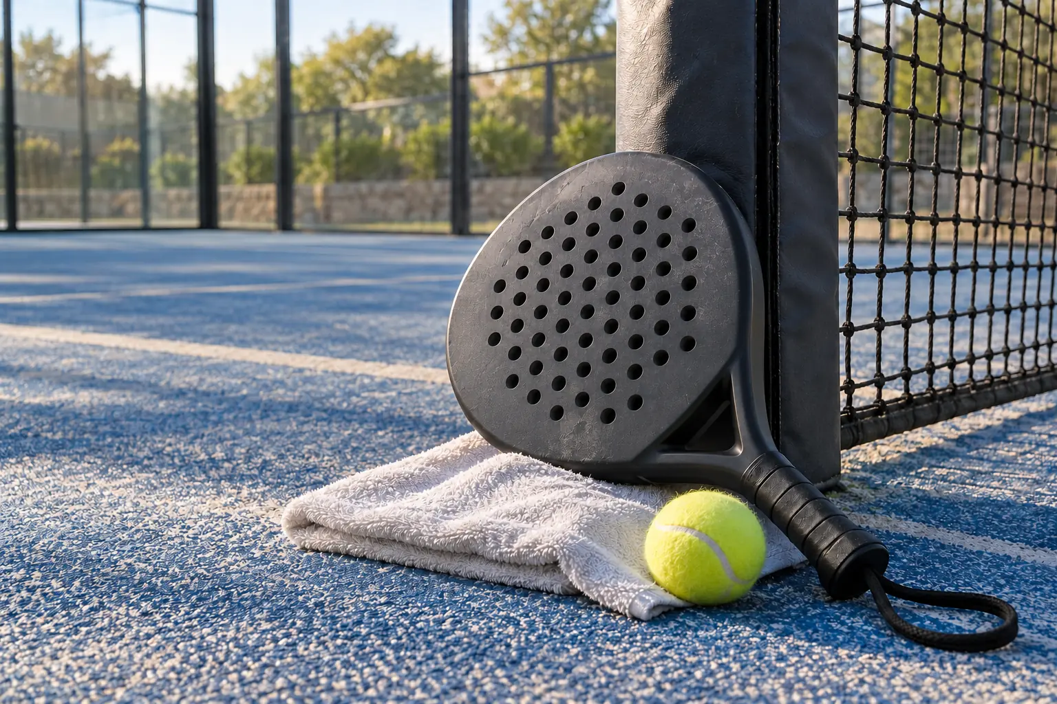 Illustration: A padel racket and ball on a towel beside a net post.
