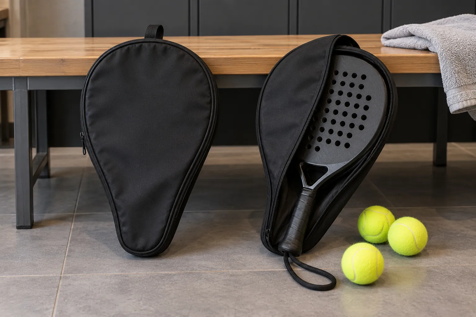 Illustration: Padel racket covers and a partly exposed racket by lockers.