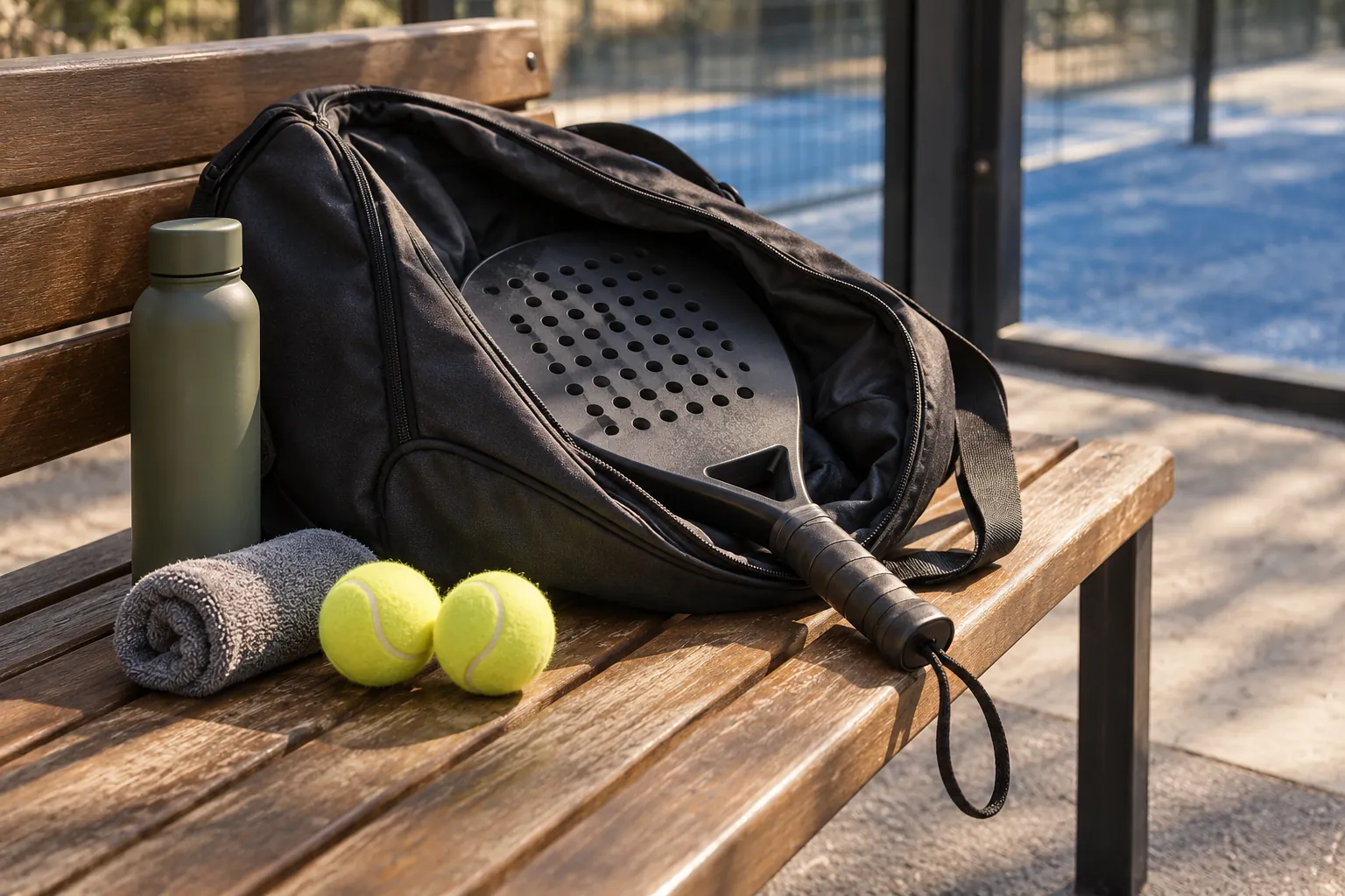 Illustration: A padel bag, perforated racket and reusable bottle.