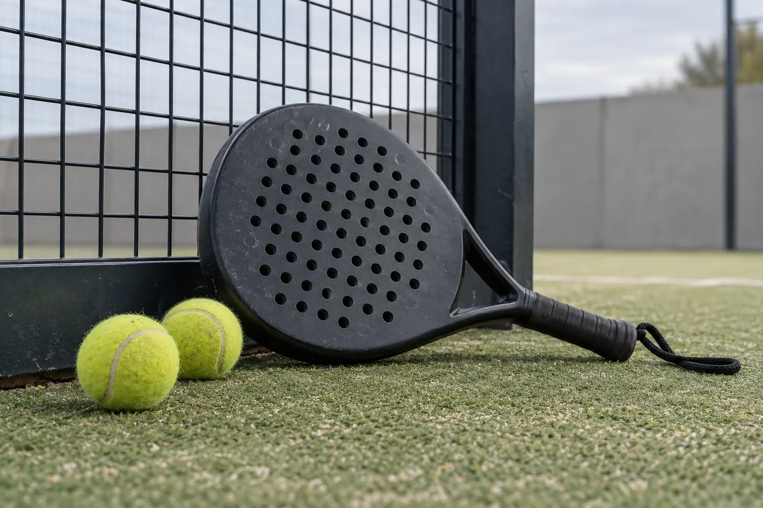 Illustration: A padel racket and felt balls beside a wire enclosure panel.