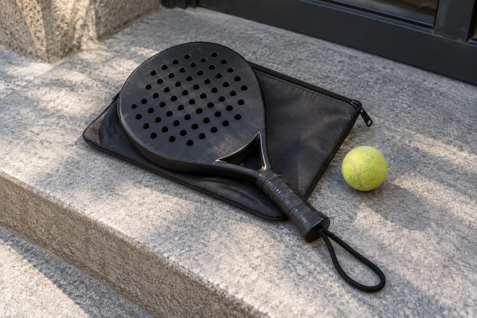 Illustration: A padel racket, pouch and felt ball on a sports-center step.