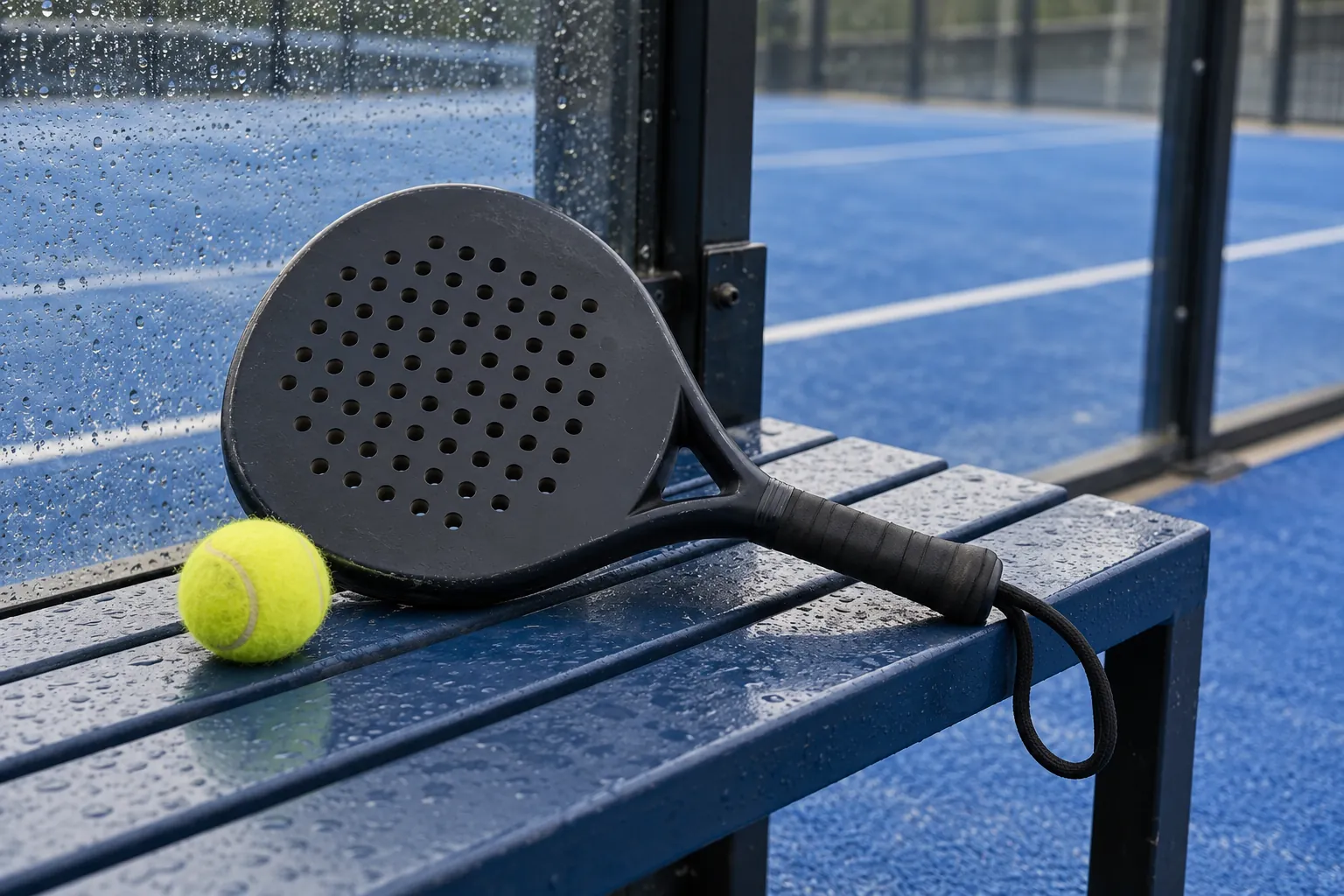Illustration: A plain solid perforated padel racket and a fuzzy yellow ball rest on a blue court bench beside rain-speckled enclosure glass.