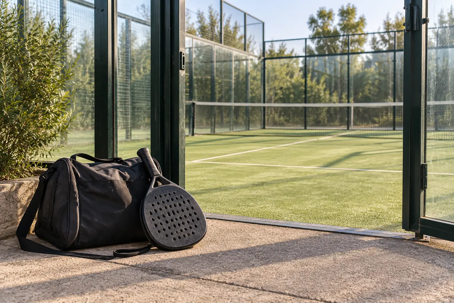 Illustration: An unbranded padel bag containing a solid perforated racket sits beside the open entry gate of an empty glass-enclosed green padel court.