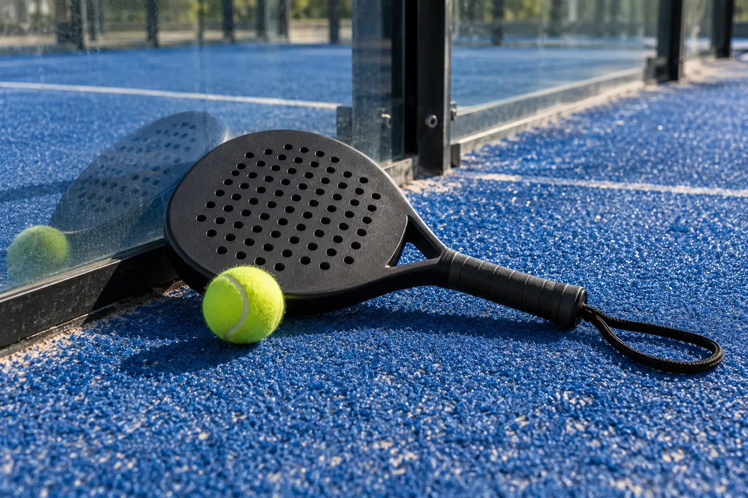 Illustration: A plain solid perforated padel racket lies on blue artificial turf near the glass wall, its wrist strap resting loose beside a fuzzy ball.