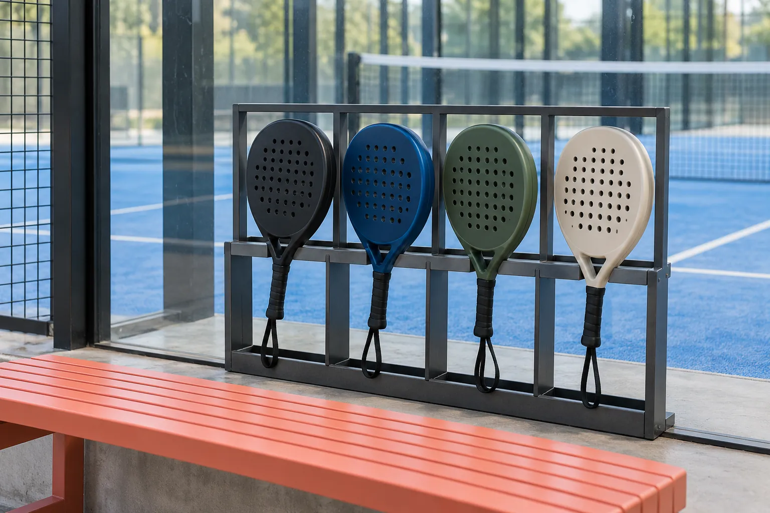 Illustration: Four plain solid perforated padel rackets with wrist straps stand separately in a narrow steel storage rack beside a glass court.