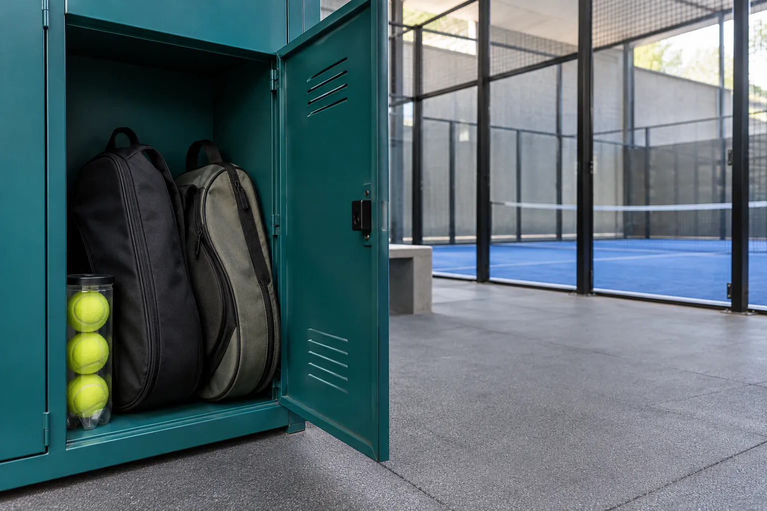 Two unbranded padel bags and a plain tube of yellow balls sit inside an open teal equipment locker.